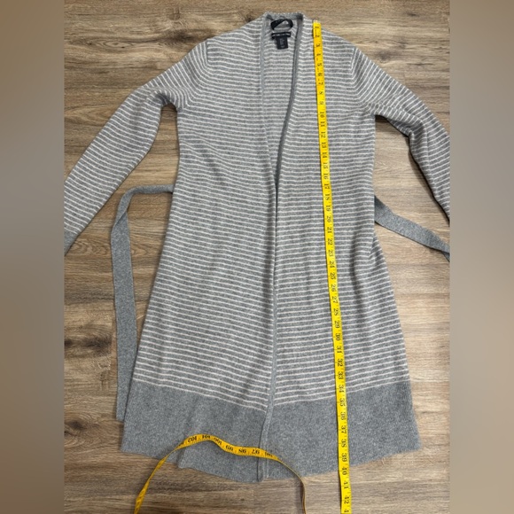 Tahari 100% Cashmere Drape Neck Striped Open Front Sweater or Rob, Gray, M - Picture 13 of 13